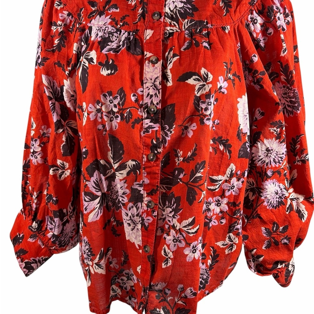 Maeve Anthropologie Top Womens Medium Red Cotton Floral Blouse Button Up
